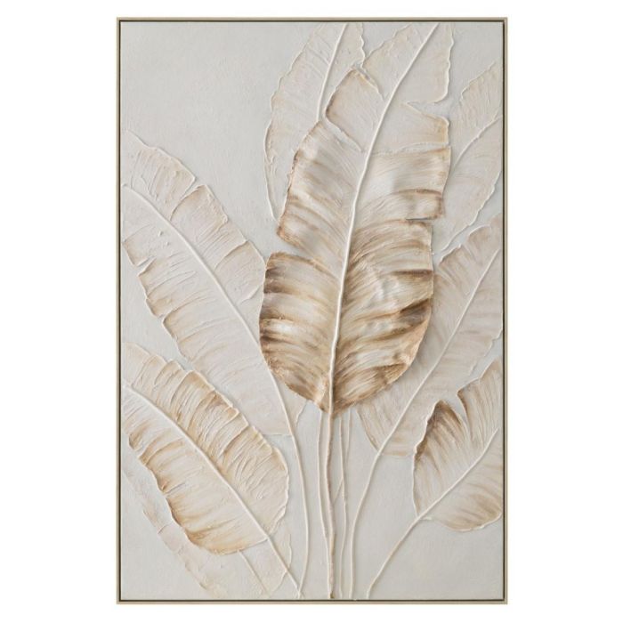 DKD Home Decor Cuadro Scandi Lienzo Hojas Palmera Blanco y Beige 152.5x102.5x5.5 cm Decoración de Hogar