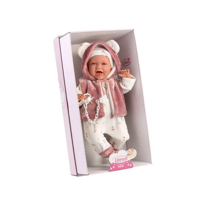 Muñeca recien nacida mimi sonrisas con chaqueta fucsia de pelo y chupete 40 cm cuerpo tela 4 Muñeca recien nacida mimi sonrisas con chaqueta fucsia de pelo y chupete 40 cm cuerpo tela 4