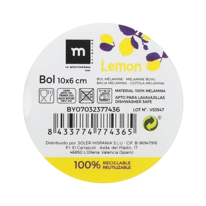 Bol de melamina brillo Lemon 10x6 cm - La Mediterranea (24 Unidades) 1 Bol de melamina brillo Lemon 10x6 cm - La Mediterranea (24 Unidades) 1