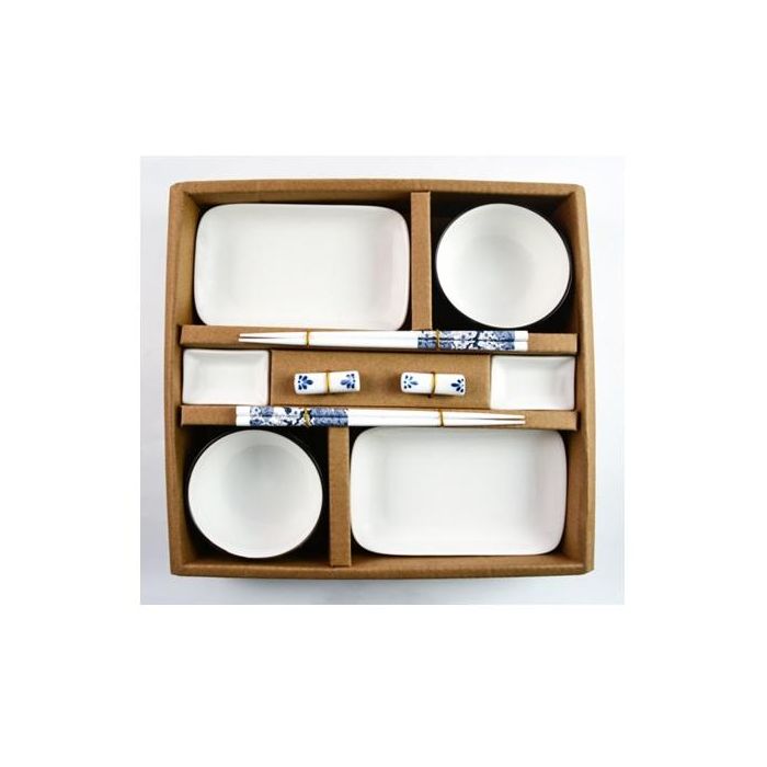 DKD Home Decor Juego de Vajilla Sushi Oriental de 10 Piezas en Porcelana y Bambú Blanco y Azul Marino, 34.5x9x33.5 cm