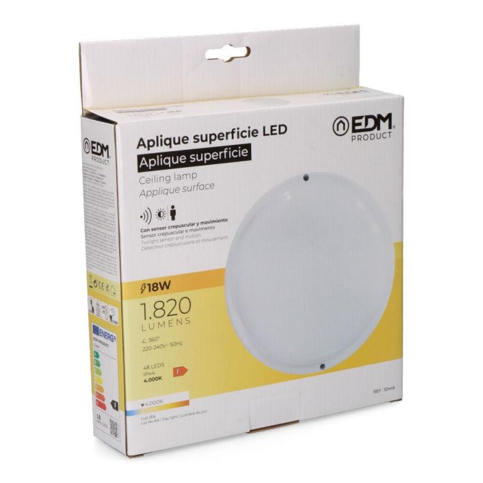 Aplique redondo led con sensor crepuscular y de movimiento 18w 1820lm 4.000k luz día edm 1