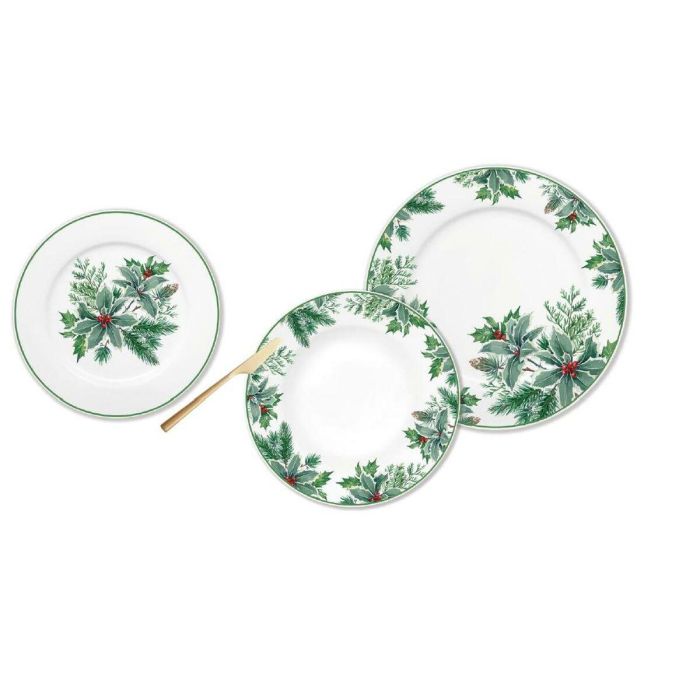 Vajilla Navidad Alpina DKD Home Decor Verde Blanco 27 x 2 x 27 cm Set de 18