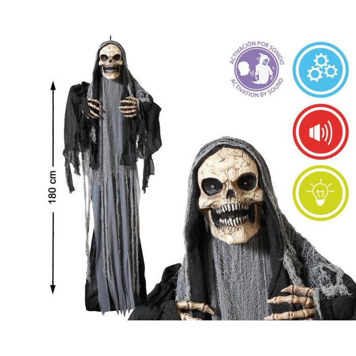 Figura Esqueleto Gigante Con Capa Negra 180 cm Con Luz Y Sonido Halloween Terror