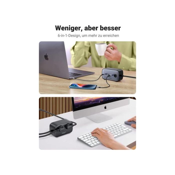 UGREEN 60113 Base de Enchufe con 1 Salida AC Tipo C, 4 Puertos USB, Cable 1,8 m, 3680 W, Negro 2