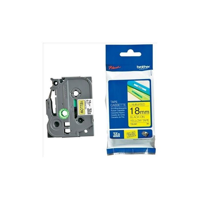 Brother Cinta Laminada Super Adhesiva Texto Negro sobre Amarillo 18 mm x 8M TZeS641