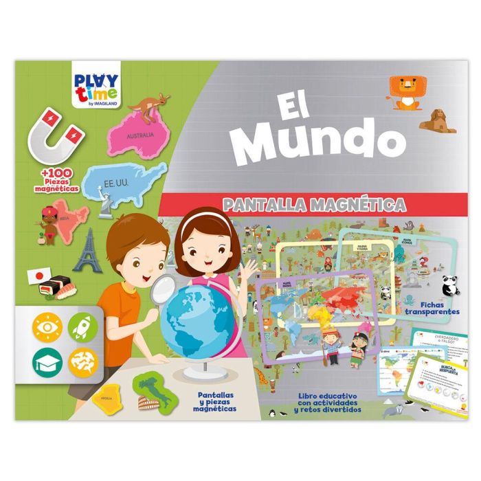 PLAYTIME Pantalla Magnética El Mundo Español - Set Educativo de Geografía y Ciencias con Libro y Rotulador - 32x25.5x5cm