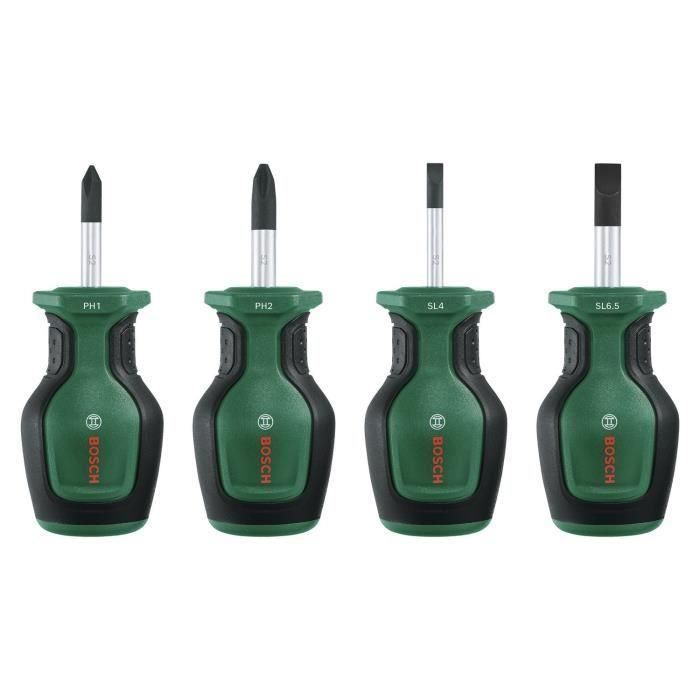 Juego de 4 destornilladores cortos Bosch (compactos para atornillar en espacios reducidos, punta magnética) Juego de 4 destornilladores cortos Bosch (compactos para atornillar en espacios reducidos, punta magnética)