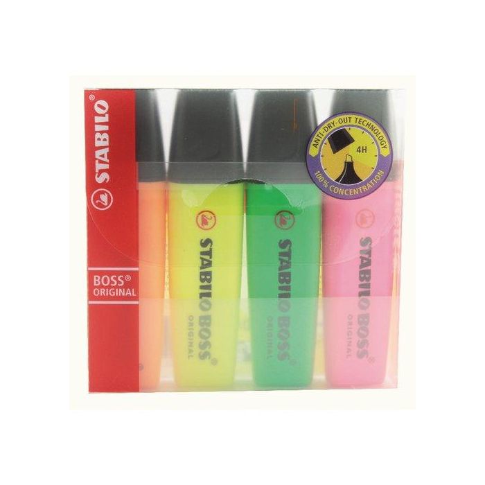 Stabilo Marcador Fluorescente Boss Original - Blíster 4 Unidades, 9 Colores Fluorescentes, Tecnología Antisecado