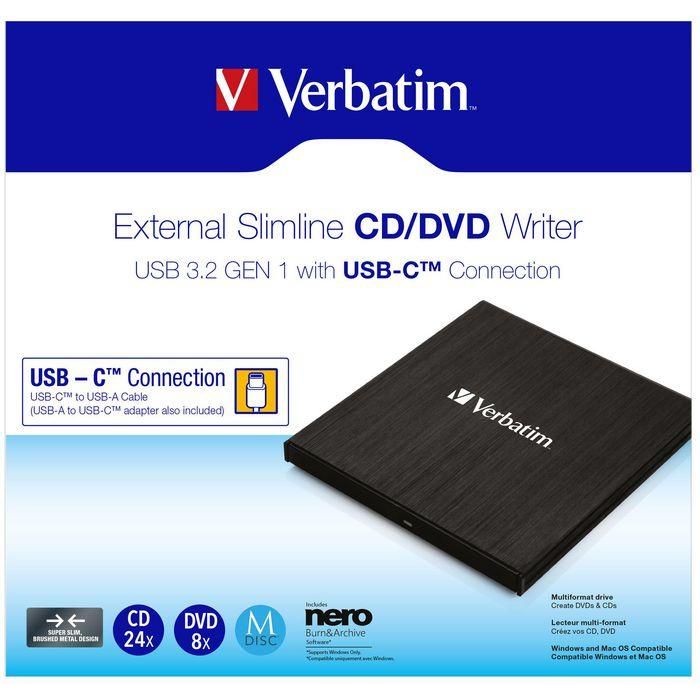 Verbatim EXTERNAL SLIMLINE CD/DVD WRITER USB 3.2 Gen 1/ USB-C 3 Verbatim EXTERNAL SLIMLINE CD/DVD WRITER USB 3.2 Gen 1/ USB-C 3