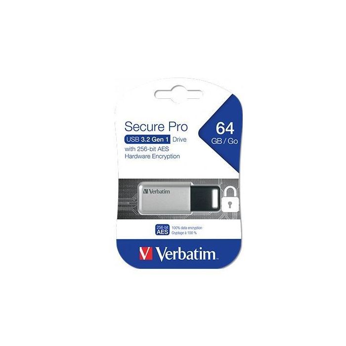 Verbatim Pendrive Secure Pro 64 grb Retráctil Usb 3.2 Hardware Encryption Plata Verbatim Pendrive Secure Pro 64 grb Retráctil Usb 3.2 Hardware Encryption Plata