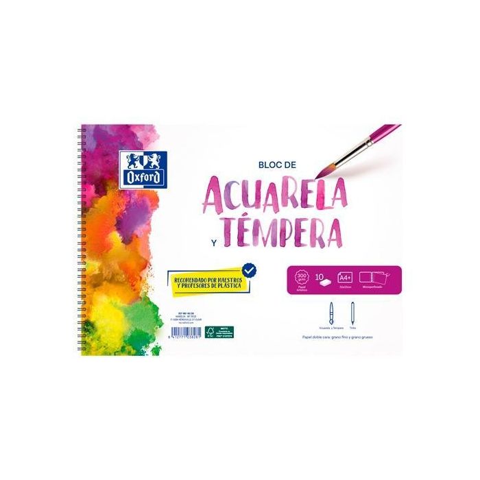 Oxford Pack Bloc Acuarela A4 300 gr Microperforado, Grano Grueso y Fino, Incluye 2 Pinceles Pony Nº2 y Nº3 Oxford Pack Bloc Acuarela A4 300 gr Microperforado, Grano Grueso y Fino, Incluye 2 Pinceles Pony Nº2 y Nº3