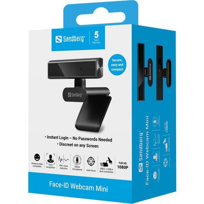Sandberg Face-ID Webcam Mini Webcam Full HD 1080P con Micrófono y Reconocimiento Facial Compatible con Windows Hello
