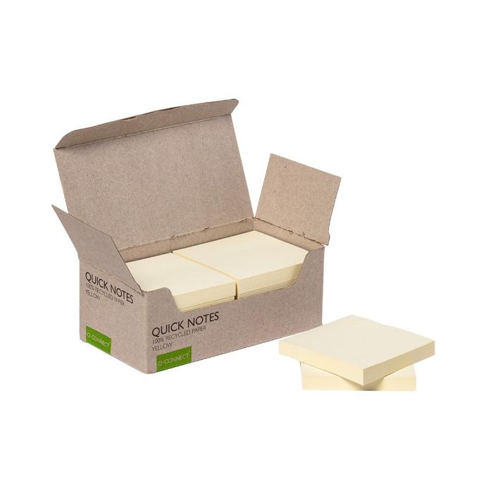 Bloc De Notas Adhesivas Quita Y Pon Q-Connect 76x76 mm 100% Papel Reciclado Amarillo En Caja De Carton 12 unidades 2