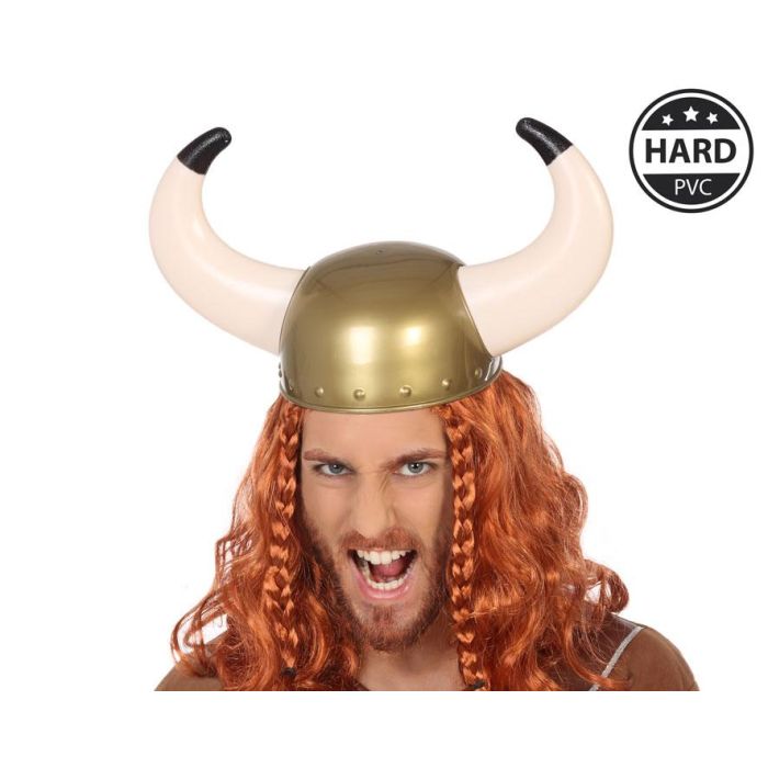 Casco Vikingo Dorado Con Cuernos Grandes De Pvc Para Disfraz Nórdico