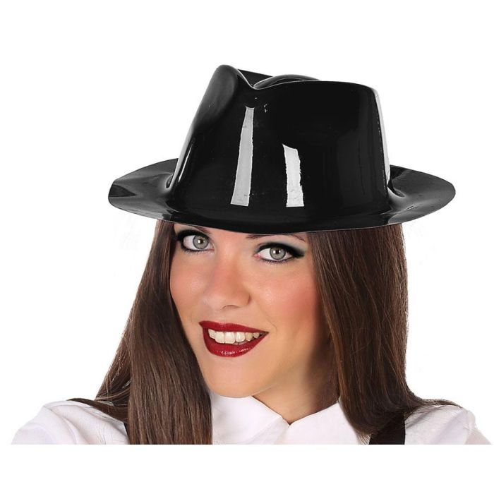 Sombrero estilo gánster PVC negro para fiestas temáticas y disfraces