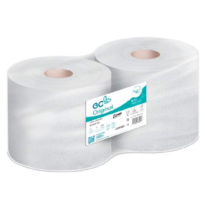 GC Bobina Industrial Gofrado Celulosa 2 Capas 1500-450M, 230 mm x Ø76 mm, Pack 2 Unidades, Blanco