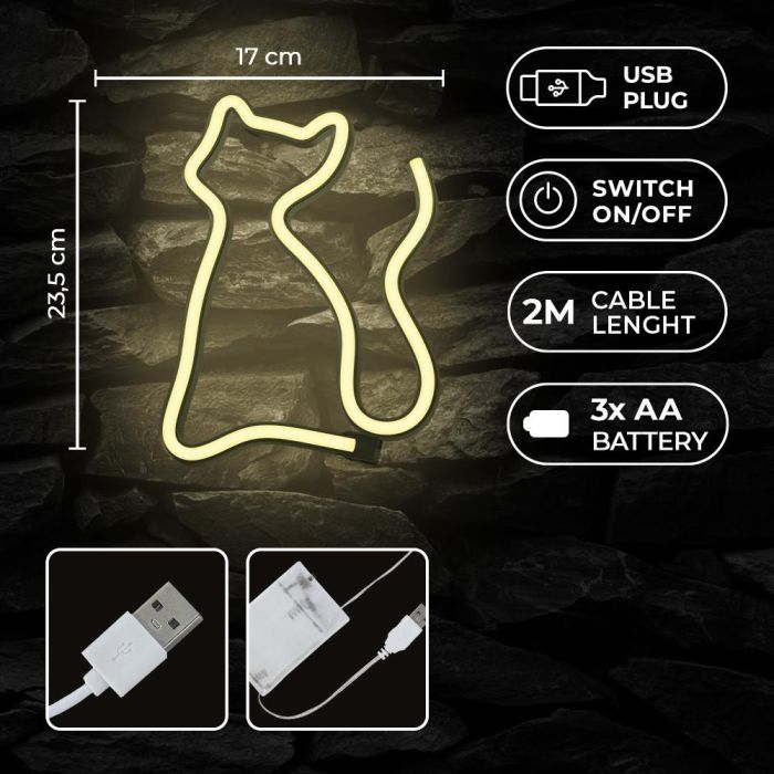Forever Lámpara de Neón LED Gato, Luz Decorativa de Sobremesa, Blanco Cálido, Alimentación USB/Pilas, 2m Cable, Interruptor ON/OFF