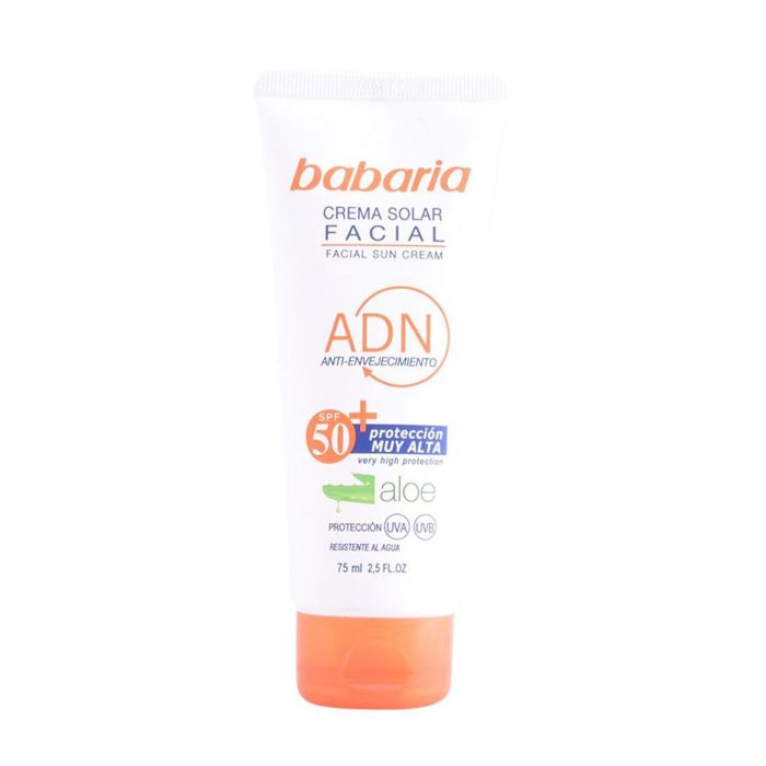 Babaria Crema Solar Facial SPF 50+ con Aloe Vera para Todo Tipo de Pieles, Protección Muy Alta y Resistente al Agua 75 ml
