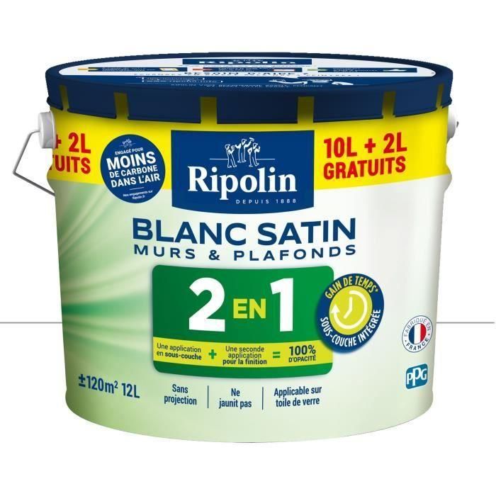 Ripolin Pintura Pared y Techo 2 en 1 Blanco Satinado 10L + 2L Gratis 1