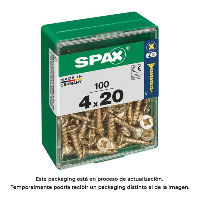 Spax 4081020400202 Tornillo Universal Madera Caja 100 unid. Cabeza Plana Rosca Completa 4,0x20mm Yellox 4CUT Ranura Cruz Z2 0 Spax 4081020400202 Tornillo Universal Madera Caja 100 unid. Cabeza Plana Rosca Completa 4,0x20mm Yellox 4CUT Ranura Cruz Z2 0
