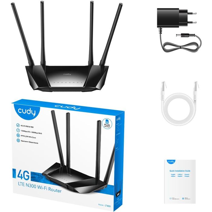 Cudy LT400 Router 4G LTE Cat4 Wi-Fi 4 N300 Banda única 2.4 GHz Ethernet con Ranura SIM y Soporte VPN 2