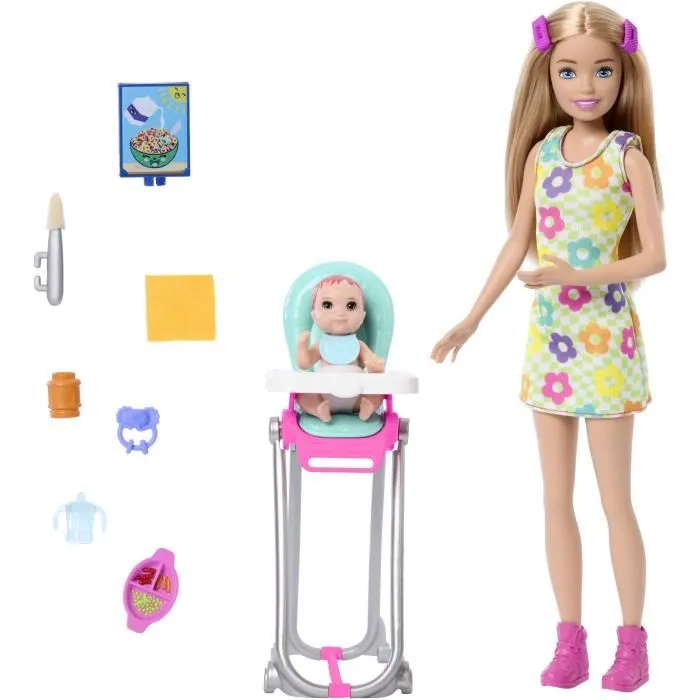 Barbie Muñeca Skipper Niñera Con Trona Y Bebe HTK35 5