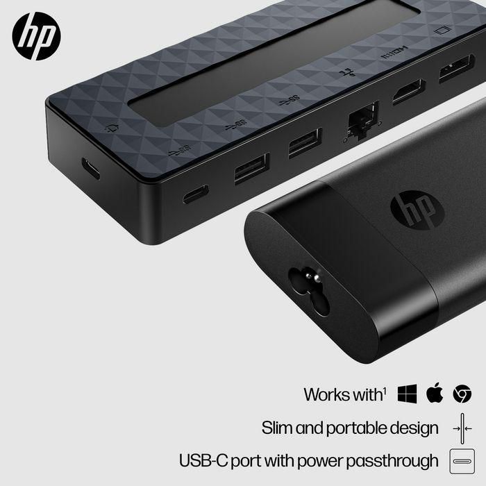 HP Universal USB-C Hub Multiport 7 Puertos, Cargador para Portátil y Estación de Acoplamiento Dual 4K HDMI DisplayPort 6