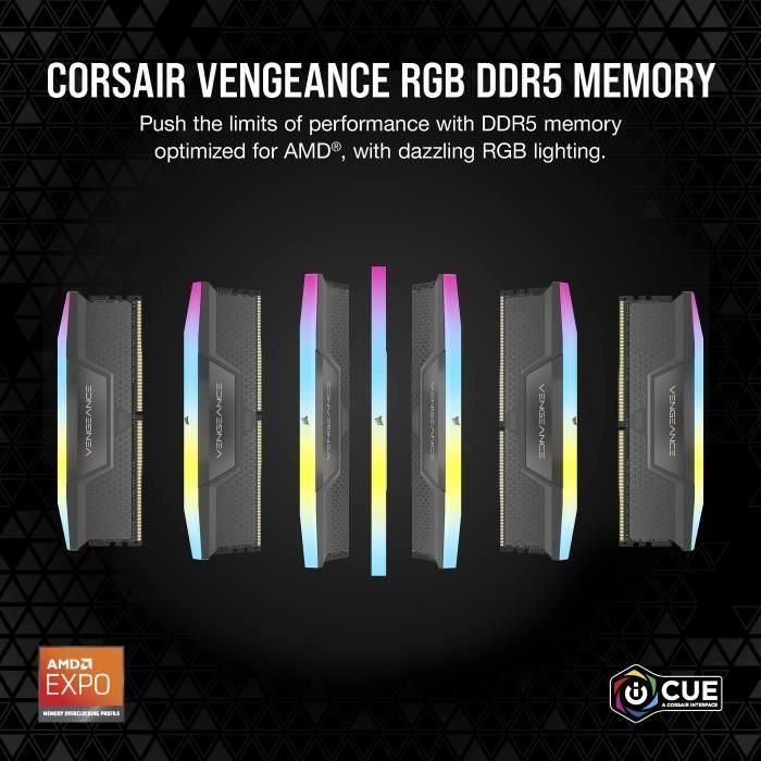 Memoria RAM - CORSAIR - Vengeance RGB DDR5 RAM 32GB (2x16GB) 5600MHz CL40 Compatible con AMD Expo iCUE - Gris (CMH32GX5M2B5600Z40) 1 Memoria RAM - CORSAIR - Vengeance RGB DDR5 RAM 32GB (2x16GB) 5600MHz CL40 Compatible con AMD Expo iCUE - Gris (CMH32GX5M2B5600Z40) 1
