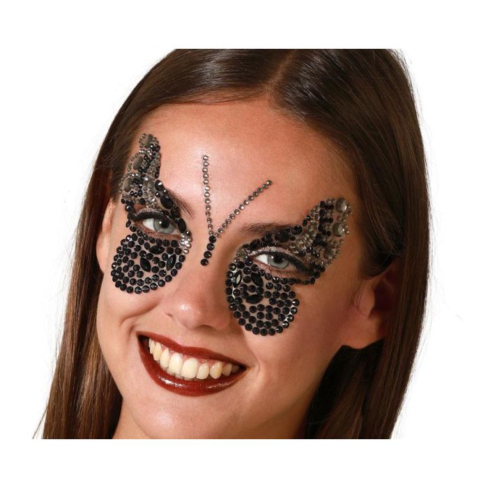 Joyas Faciales Mariposa Negra y Plateada con Pedrería para Disfraz Elegante y Fiesta de Noche