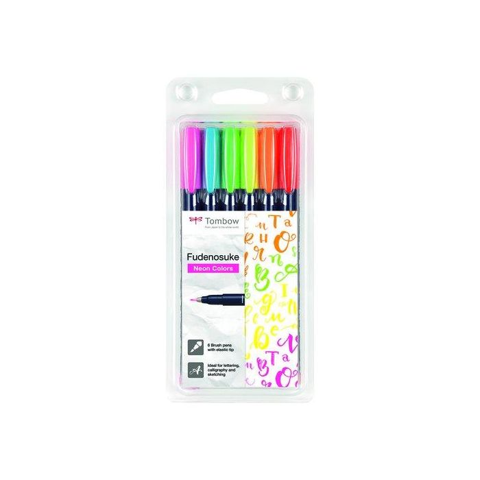 Tombow Rotuladores Fudenosuke Caligrafía Punta Elástica Dura C-Surtidos Neón Estuche 6 Ud
