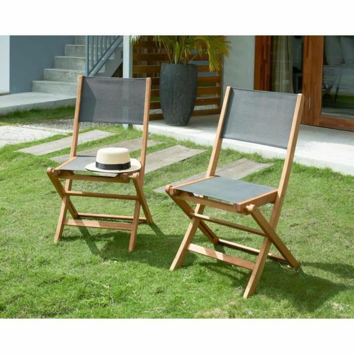 Juego de 4 sillas de jardín de madera de acacia FSC y asiento de textilene - 50 x 57 x 90 cm - Gris 2 Juego de 4 sillas de jardín de madera de acacia FSC y asiento de textilene - 50 x 57 x 90 cm - Gris 2