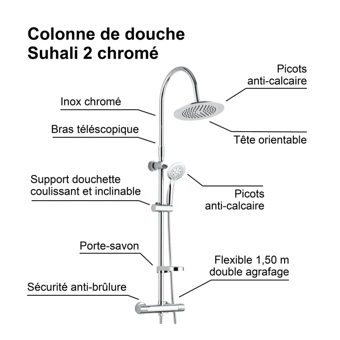 Edouard Rousseau Columna de ducha termostática Suhali 2 con válvula mezcladora en ABS y acero inoxidable cromado, cabezal Ø 240 mm y ducha de mano 5 chorros 2