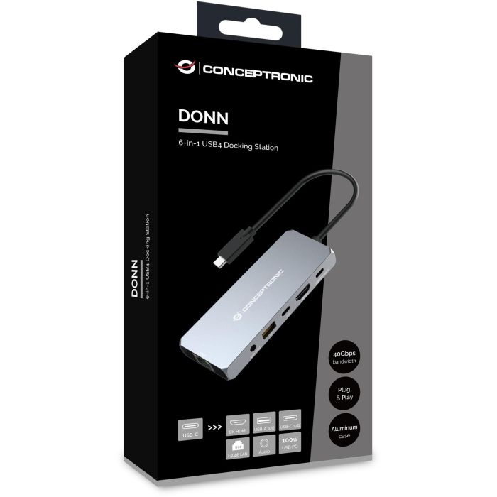 Conceptronic Docking Station USB4 6 en 1 con HDMI 8K 60Hz, 2.5GbE, USB-C PD 100W, USB-C 10Gbps, USB-A 10Gbps y Audio 2