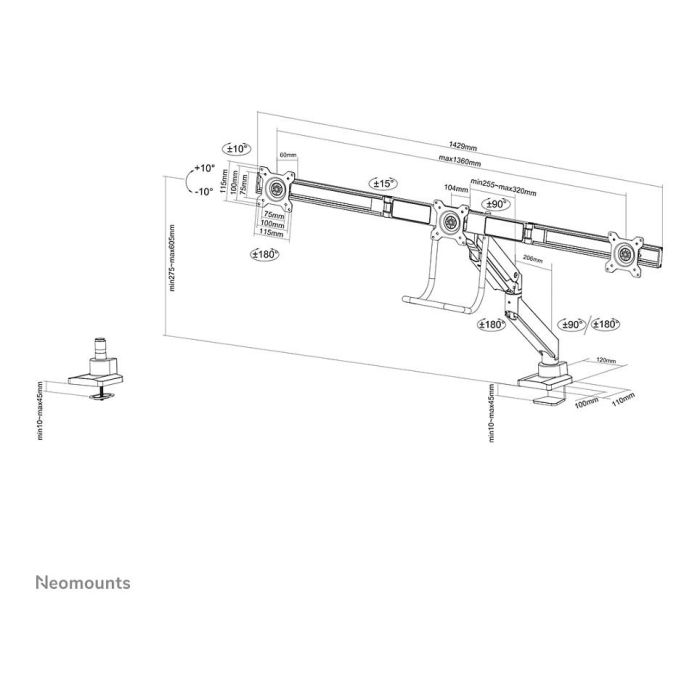 Neomounts NM-D775DX3BLACK Brazo para 3 Monitores de 17" a 27" con Resorte de Gas, Montaje de Escritorio, Negro 11