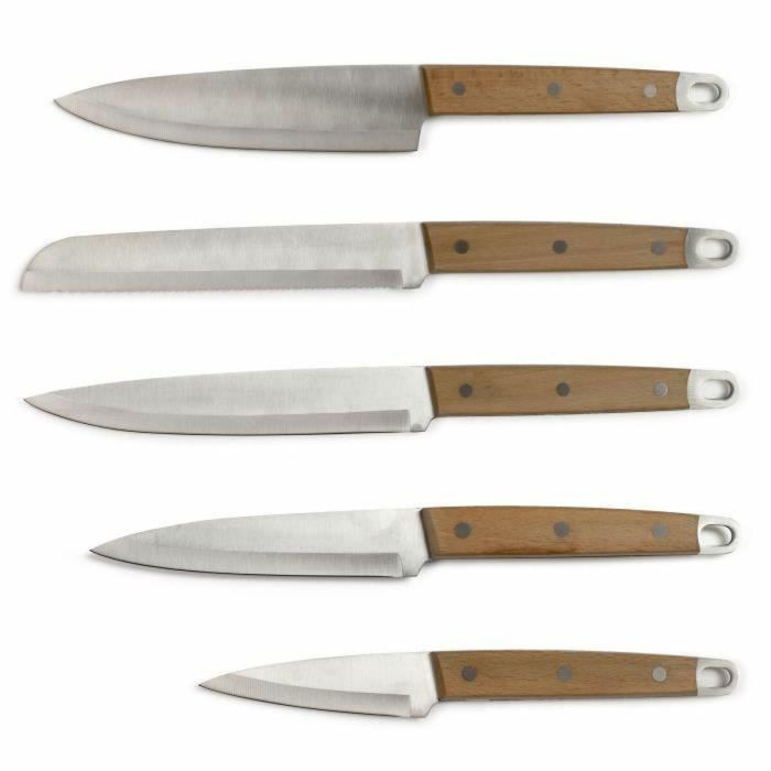 Livoo MEC129 Juego de 5 Cuchillos: Chef, Pan, Cocina, Rebanador y Mondador de Acero Inoxidable con Mango de Haya