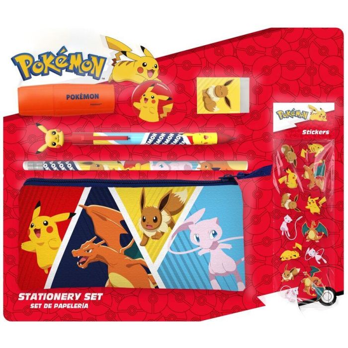 CYP BRANDS Blíster Papelería Pokémon con Portatodo, Lápiz, Goma, Sacapuntas, Bolígrafo Topper, Subrayador y Pegatinas
