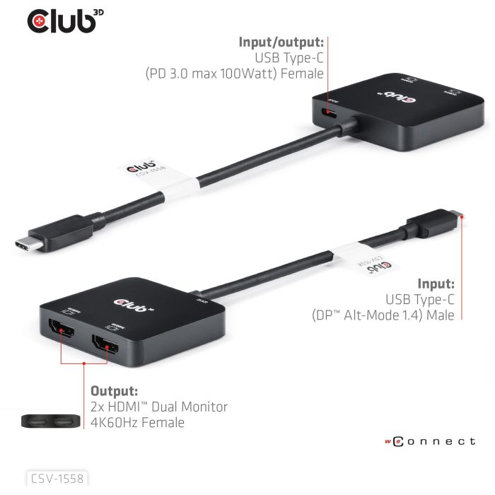Club3D MST-Hub USB 3.2 Typ C > 2x HDMI 4K60Hz +100W PD St/Bu retail 4 Club3D MST-Hub USB 3.2 Typ C > 2x HDMI 4K60Hz +100W PD St/Bu retail 4