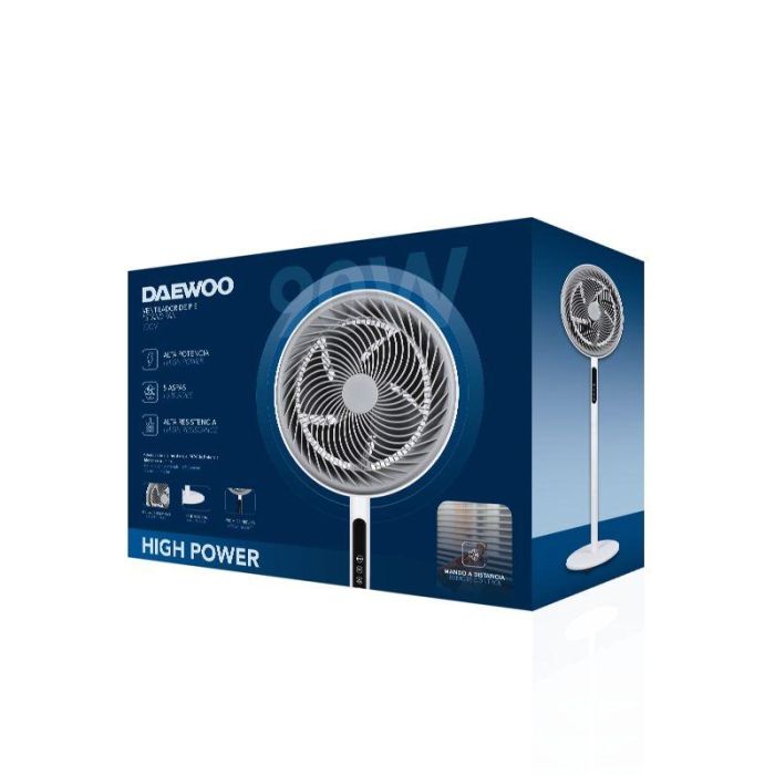 Daewoo Ventilador de Pie Alta Velocidad 90W, 30 cm (12"), Base Redonda con Mando a Distancia