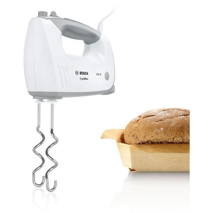 Batidora Bosch - MFQ36440 - 450 W - 5 velocidades - 2 batidores / 2 ganchos amasadores de acero inoxidable - Bol graduado con tapa - Blanco / Gris 4 Batidora Bosch - MFQ36440 - 450 W - 5 velocidades - 2 batidores / 2 ganchos amasadores de acero inoxidable - Bol graduado con tapa - Blanco / Gris 4