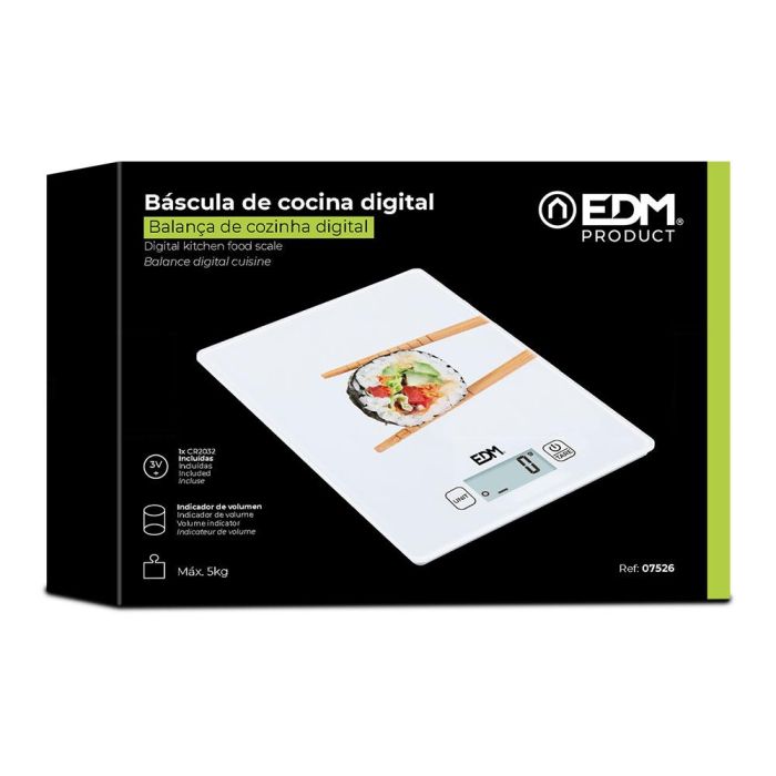 Edm Báscula Digital de Cocina 5kg, LCD Táctil, Cristal, Mide Volumen, 1g Precisión, Incluye Pila 2