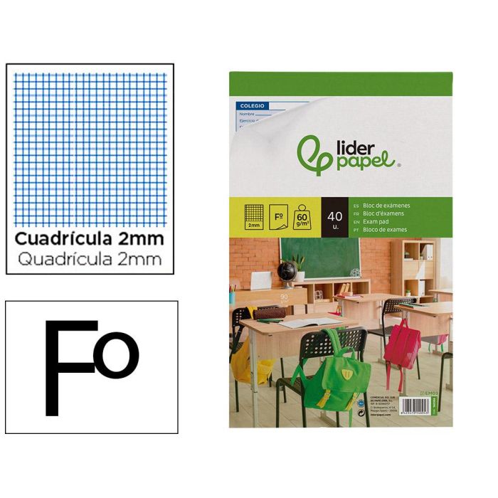 Bloc Examenes Liderpapel Cuadro 2 mm Folio 40 Hojas 60 gr-M2 10 unidades