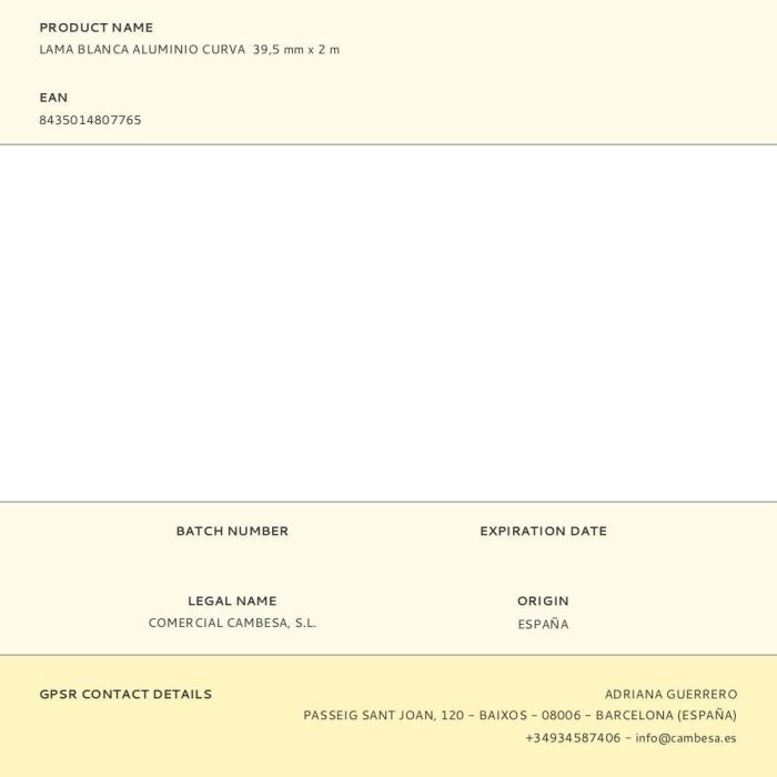 Cambesa Lama blanca de aluminio curva, 39.5 mm x 2 m 1 Cambesa Lama blanca de aluminio curva, 39.5 mm x 2 m 1