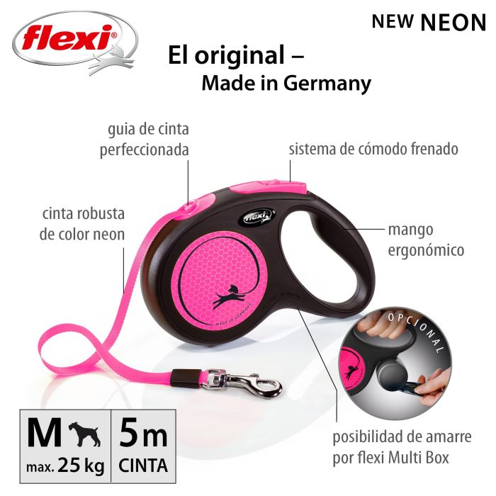 Flexi New Neon Correa de Cinta M 5M Rosa Neón con Componentes Reflectantes 2 Flexi New Neon Correa de Cinta M 5M Rosa Neón con Componentes Reflectantes 2