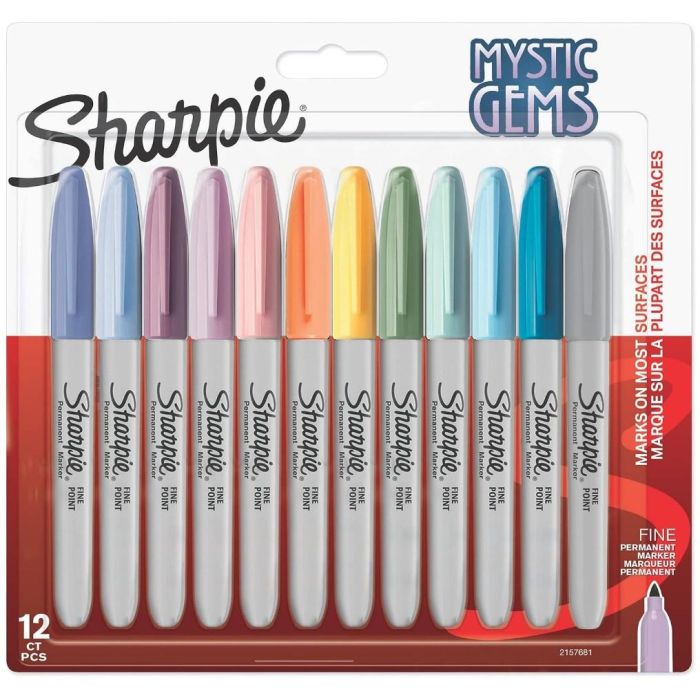 Sharpie Marcador Permanente Mystic Gems, Punta Fina, Tinta Resistente al Agua, Tonos Pastel y Oscuros, Blíster 12 Ud
