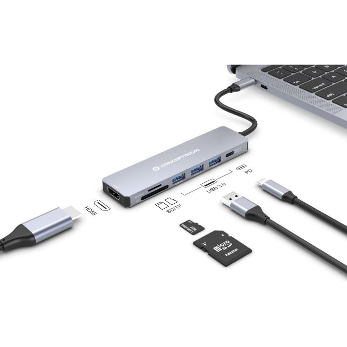 Conceptronic DONN19GR Hub USB Tipo C Gris con 3x USB-A, 1x USB-C, HDMI 1.4, 5Gbps, 4K Ultra HD, Power Delivery 100W 5