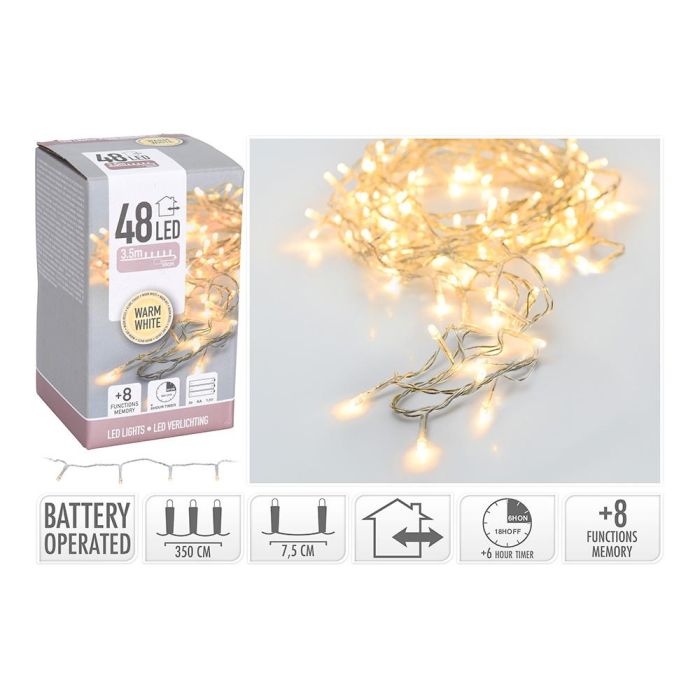 Guirnalda a pilas multifuncion 48 leds cable transparente luz blanco calido 4m 1