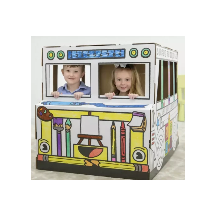 Bankers Box Casita de Cartón Pintar y Jugar 100130976 - Autobús Escolar de Cartón Corrugado, Diseño Interactivo, FSC®
