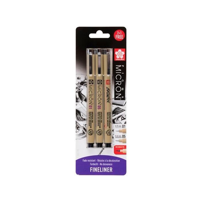 Talens Sakura Rotuladores Pigma Micron 0,25 mm-0,45 mm-Brush Negro Estuche 3 Ud