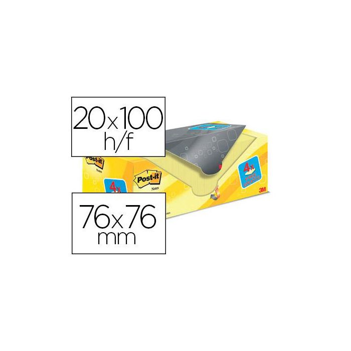 Bloc De Notas Adhesivas Quita Y Pon Post-It Amarillo Canario 76x76 mm Pack Promocional 16+4 gratis