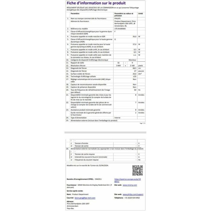 Philips 27E1N1800AE Monitor Profesional 27" 4K UHD IPS HDR Multimedia Regulable en altura Negro 27